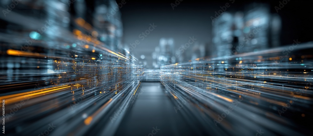 Poster futuristic abstract cityscape with glowing lines, data streams and technology concepts