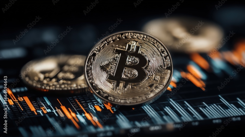 Aufkleber golden bitcoin cryptocurrency close-up with stock market chart background depicting financial invest