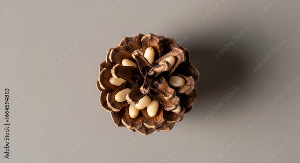 Poster top view of pinecone with seeds on gray background