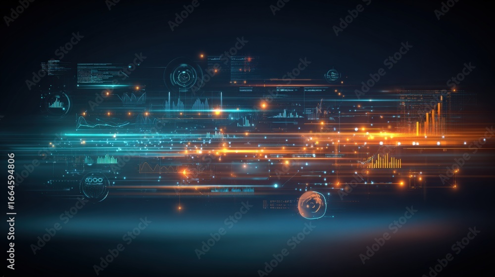 Poster futuristic data stream visualization with glowing information graphics, abstract technology backgrou