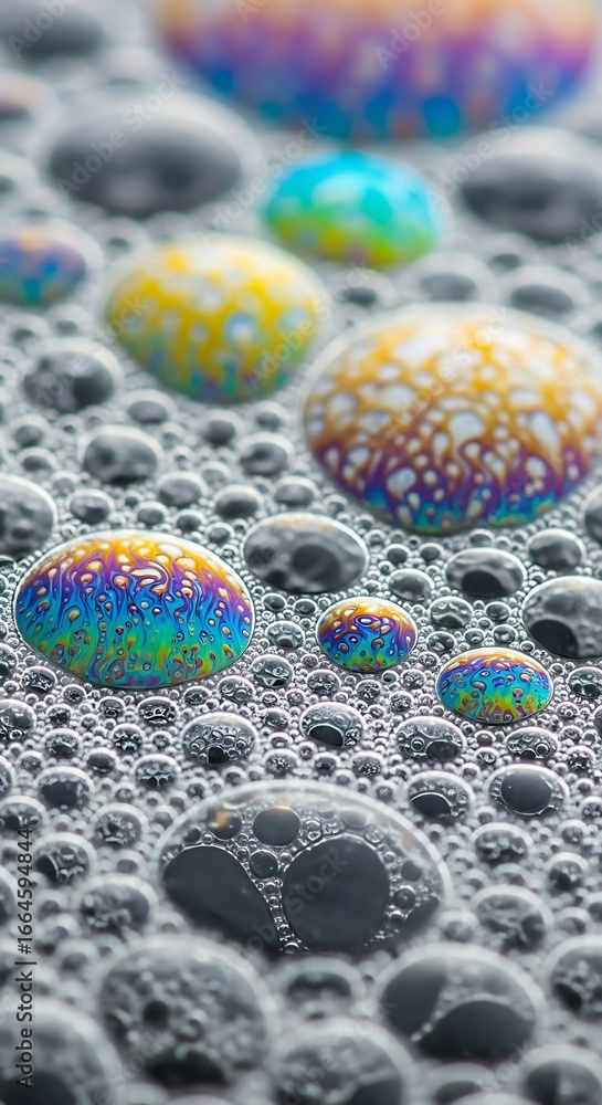 Poster iridescent reflections: a captivating macro shot of soap bubbles creating abstract colorful patterns