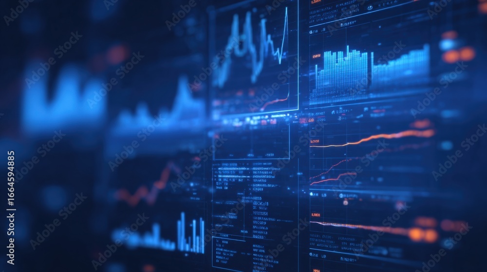 Poster abstract technology background with financial data charts, stock market analysis and futuristic inte