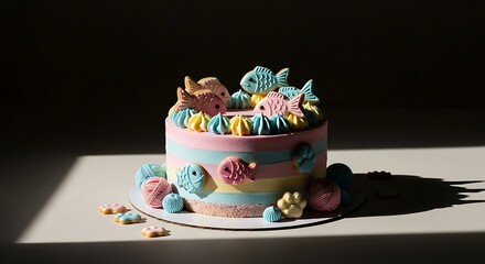 Pastel Under the Sea Cake with Fish Decorations.