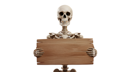 A cheerful skeleton with a wide grin holding a black board