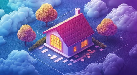 Futuristic isometric smart home with cloud computing integration