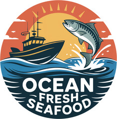 Ocean Fresh Seafood Logo with Jumping Fish and Fishing Boat Keywords: seafood, fish, ocean, fresh, fishing, boat