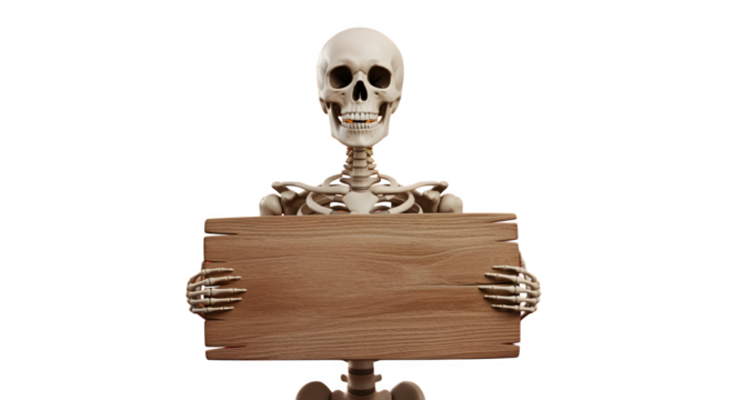 A cheerful skeleton with a wide grin holding a black board