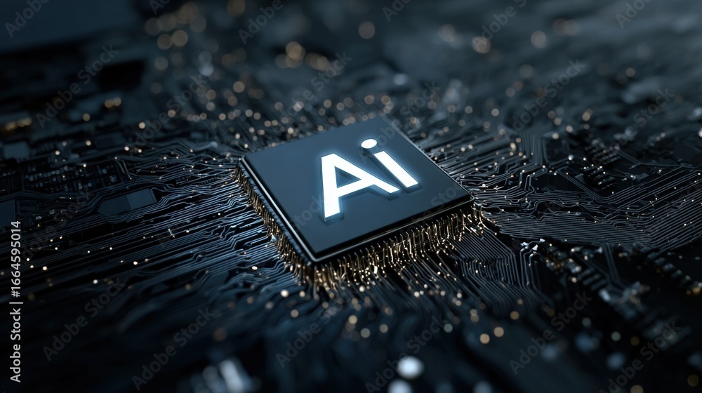 Poster artificial intelligence microchip on circuit board illustrating modern technology and neural network