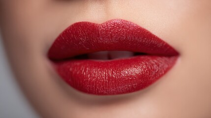 Obraz premium Close-up of Beautiful Full Lips with Rich Red Lipstick, Emphasizing Femininity and Beauty