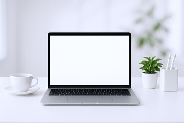 Clean Minimalist Workspace Featuring Laptop with Blank Screen, Coffee, and Plant for Product Mockup