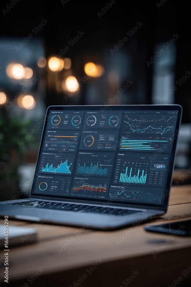 Aufkleber laptop displaying business analytics dashboard with charts and graphs on wooden table in modern offi