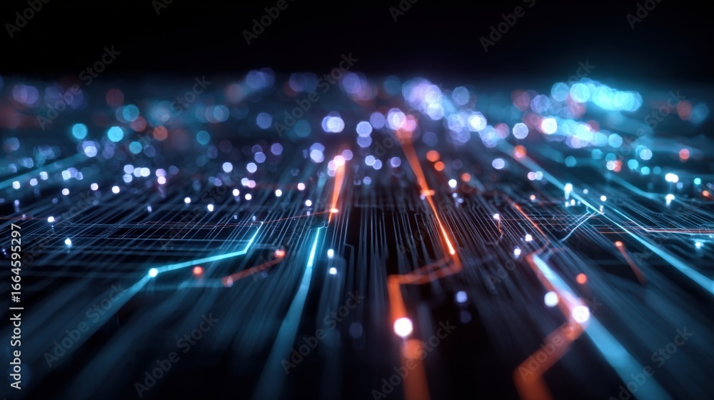 Poster abstract circuit board design with glowing lights and data flow for technology backgrounds
