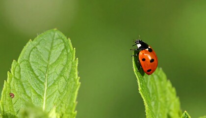 Fototapeta premium A ladybug climbs a vibrant mint leaf, showcasing a picturesque natural scene of rich greens and vibrant red.