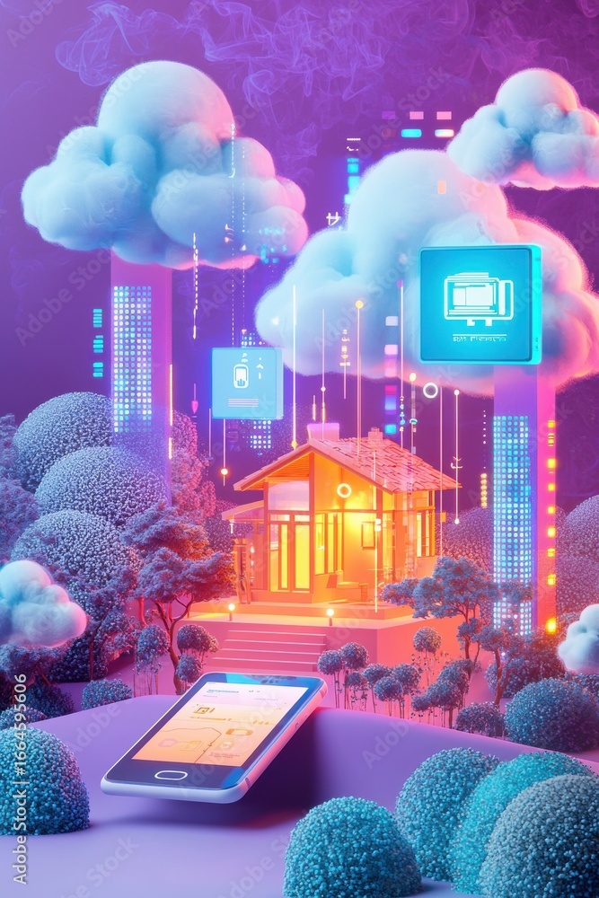 Poster digital illustration of ai-powered security system with smartphone control