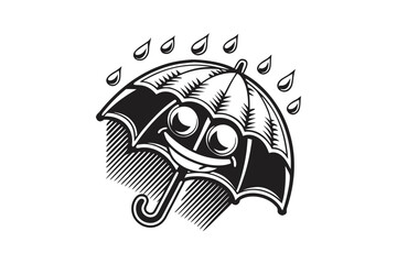 Cheerful Umbrella with Face and Raindrops on White Background