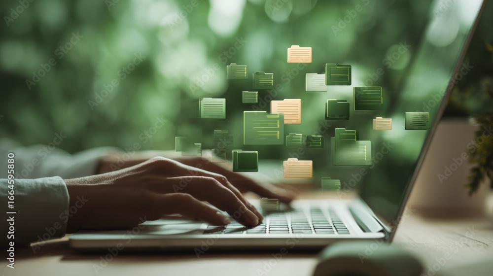 Poster digital document management on laptop with greenery background illustrating workflow and efficiency