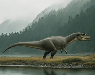 Fototapeta premium Carcharodontosaurus roaming a primeval landscape near lakes and mountains