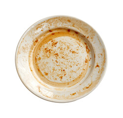 Used plate with scraps after a meal kitchen food top view isolated on transparent background, png