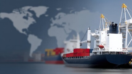 Fototapeta premium Global Shipping and Trade: Container Ships at Port with World Map Background