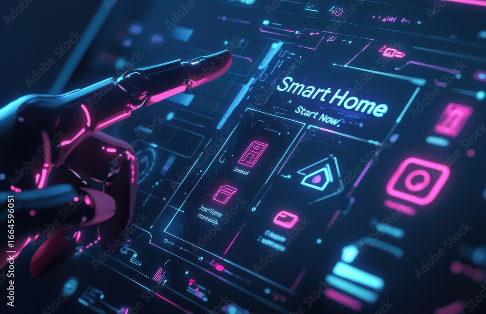 Poster AI-powered robotic hand interacting with smart home tablet interface