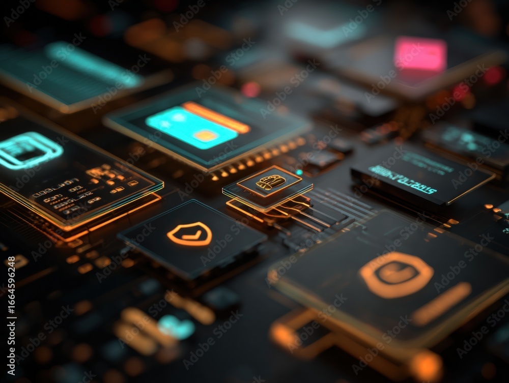 Poster secure digital transactions: close-up of integrated circuitry for financial security systems and adv
