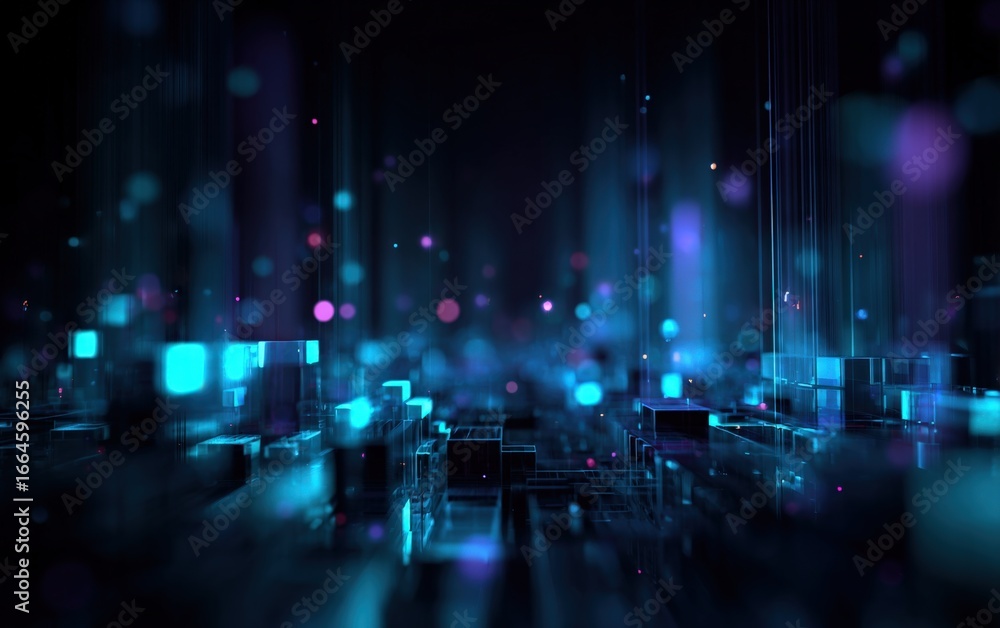 Poster futuristic abstract background with glowing neon cubes and particles, ideal for technology or scienc