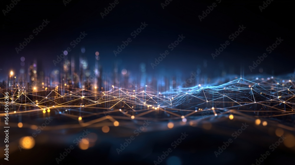 Poster abstract network connection: data visualization of a digital landscape with nodes and lines
