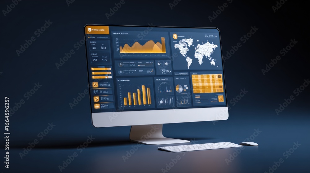 Aufkleber data analytics dashboard on computer screen displaying financial statistics and global information f