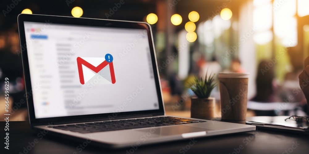 Poster open laptop displaying communication application interface on a table in a blurred restaurant settin