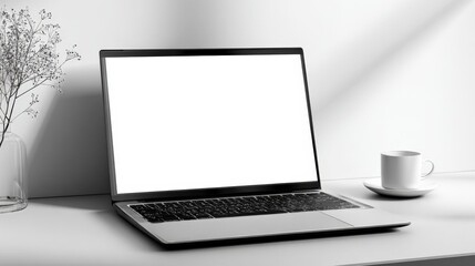 Modern Laptop with Blank Screen Display on White Desk, Coffee Cup and Floral Decoration