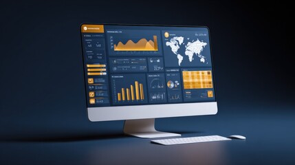 Data Analytics Dashboard on Computer Screen Displaying Financial Statistics and Global Information for Business Intelligence