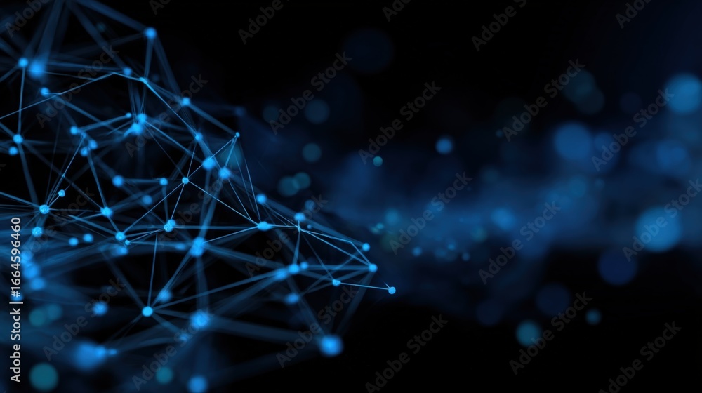 Poster abstract network connection structure with glowing blue nodes and lines on dark background