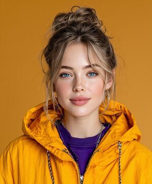 A stylish young woman with a trendy updo and a vibrant mustard yellow jacket against a mustard background.