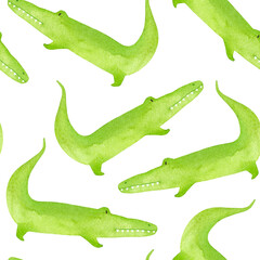 Watercolor pattern with crocodiles on a white background