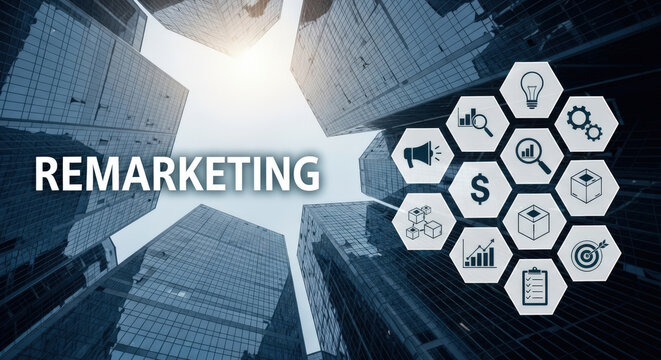Remarketing Strategy Visualized Against Modern Skyscrapers Emphasizing Business Growth, Analytics, and Targeted Advertising for Enhanced Brand Awareness
