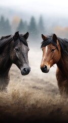 Obraz premium Horses standing together in a misty field during early morning hours