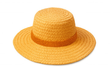 Classic yellow straw hat featuring an orange ribbon, isolated on a transparent background, perfect for summer and outdoor projects
