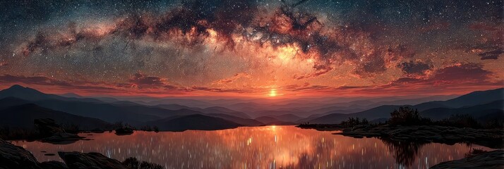 Fototapeta premium Stunning milky way galaxy reflection over serene mountain lake at dusk in a remote location