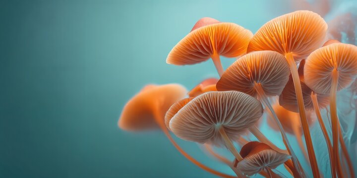 Un grupo de hongos naranjas y brillantes emergen de un fondo azul turquesa, evocando la belleza de un arrecife marino subterr&aacute;neo.