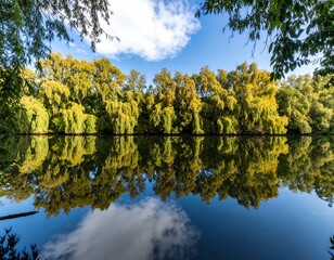Calm autumnal reflection on a tranquil river