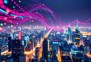 Abstract digital data streams flowing over a cityscape, representing fintech innovation,  cryptocurrency,  finance