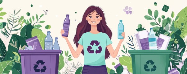 Smiling woman promoting recycling with colorful bottles
