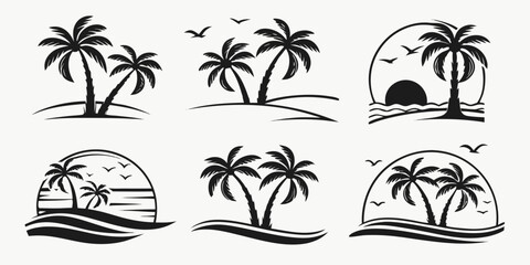 Obraz premium Tropical Beach Palm Tree Sunset Silhouettes Collection