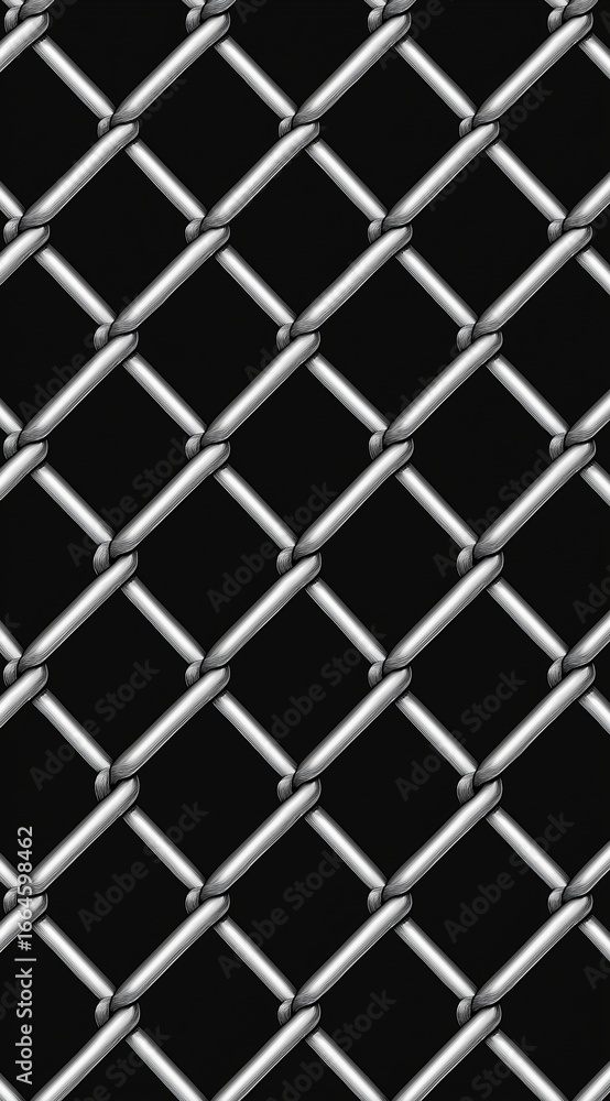 Poster seamless pattern of metal chain-link fence on black background showcasing industrial texture and geo