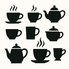 Obraz premium Collection of Black Silhouettes of Teapots and Cups, Hot Beverage Service