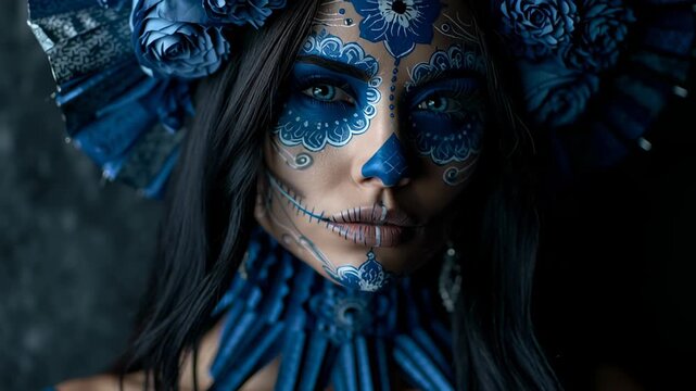 A beautiful woman in a theatrical portrait with intricate blue face makeup, adorned with a floral headdress and necklace, celebrating the Day of the Dead.