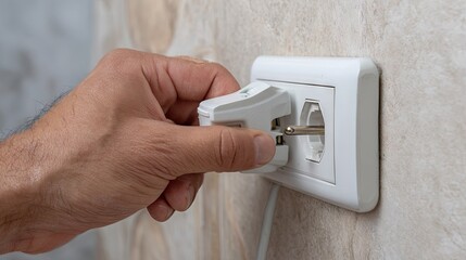 Naklejka premium Hand Inserting Plug into Wall Socket for Electrical Connection in Home Environment