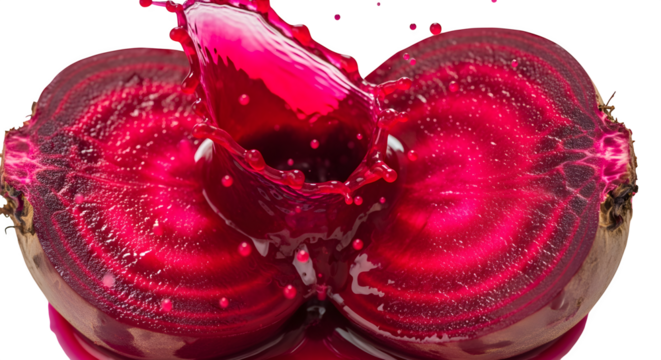 Dynamic photo of a sliced beetroot creating a vivid red juice splash, highlighting freshness and natural energy.