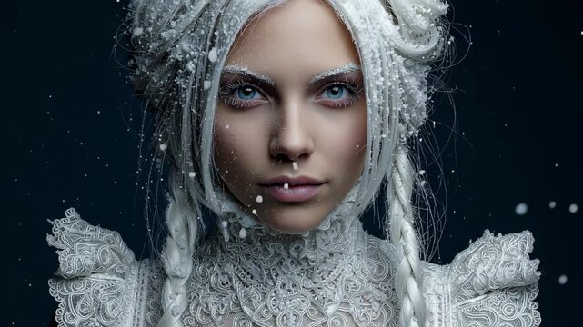 A striking portrait of a woman embodying a snow queen, with frosty white hair and eyelashes, wearing a delicate white lace dress.