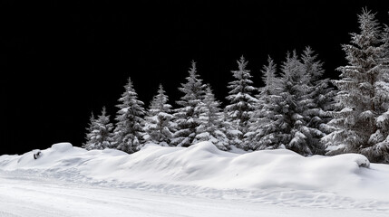 Snow-covered Christmas trees on the snowy edge of the forest on a black background.
